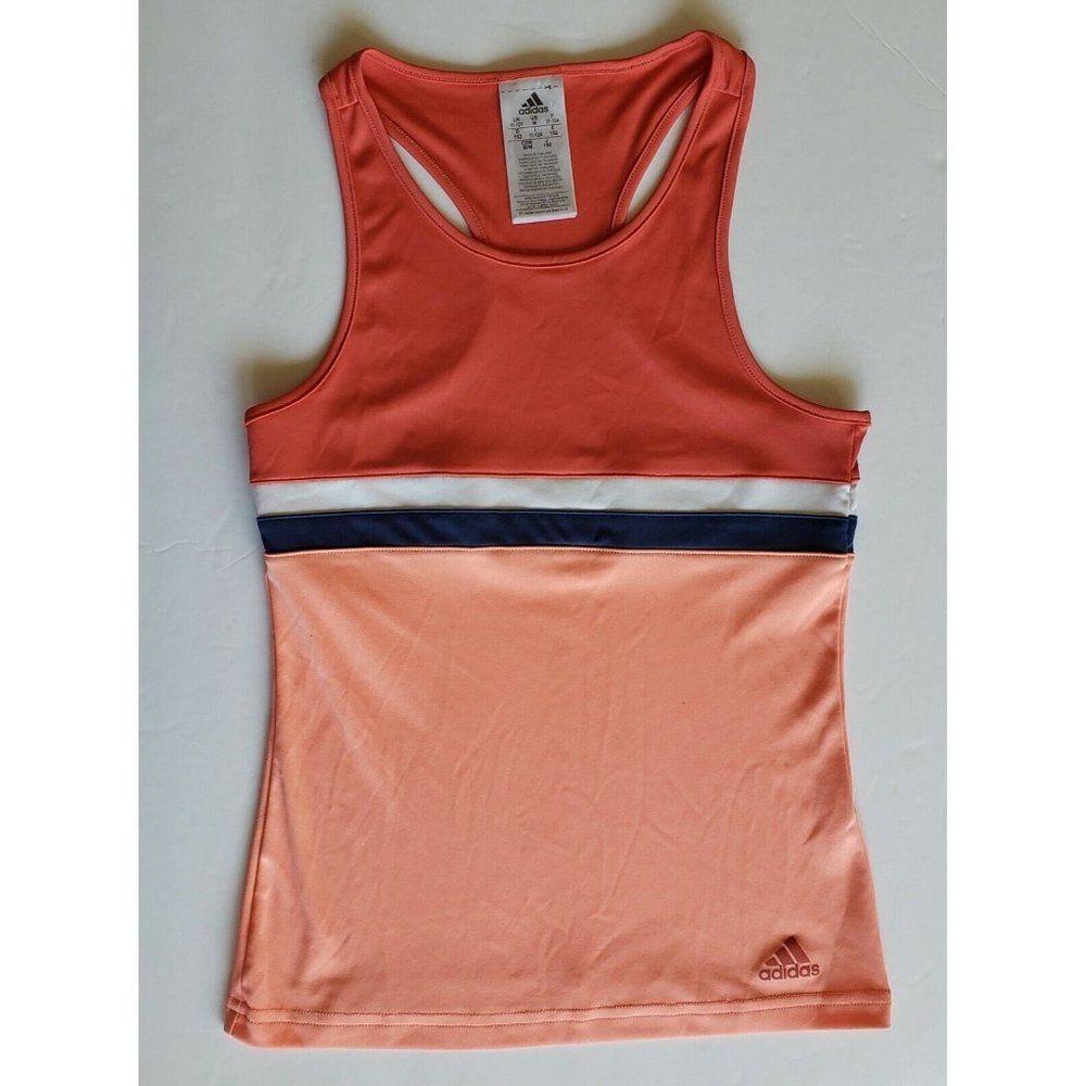 Adidas Tank Girls Size Medium Striped Racerback Orange Navy White Athleisure